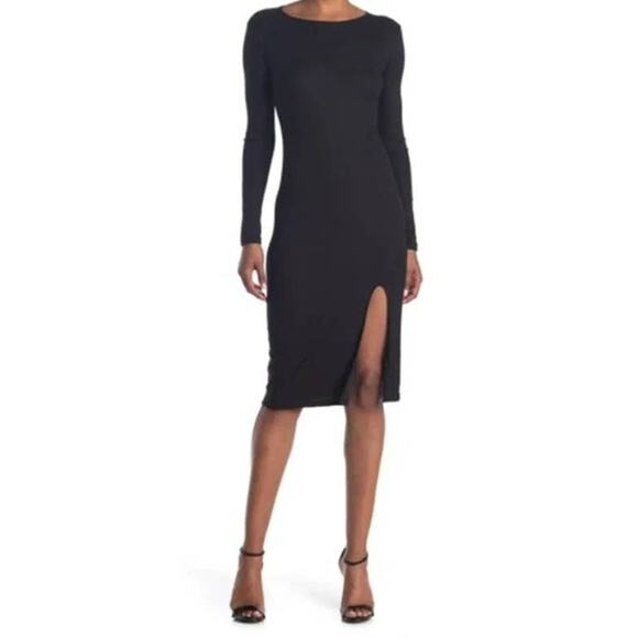 Abound Side Slit Rib Knit Long Sleeve Round Neck Midi Dress Sz Small Black NWT - Picture 1 of 7